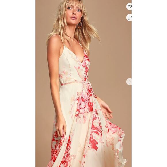Lulus Cream and Coral Floral Wrap Elegantly Inclined  Maxi Dress Size: S - Picture 9 of 15